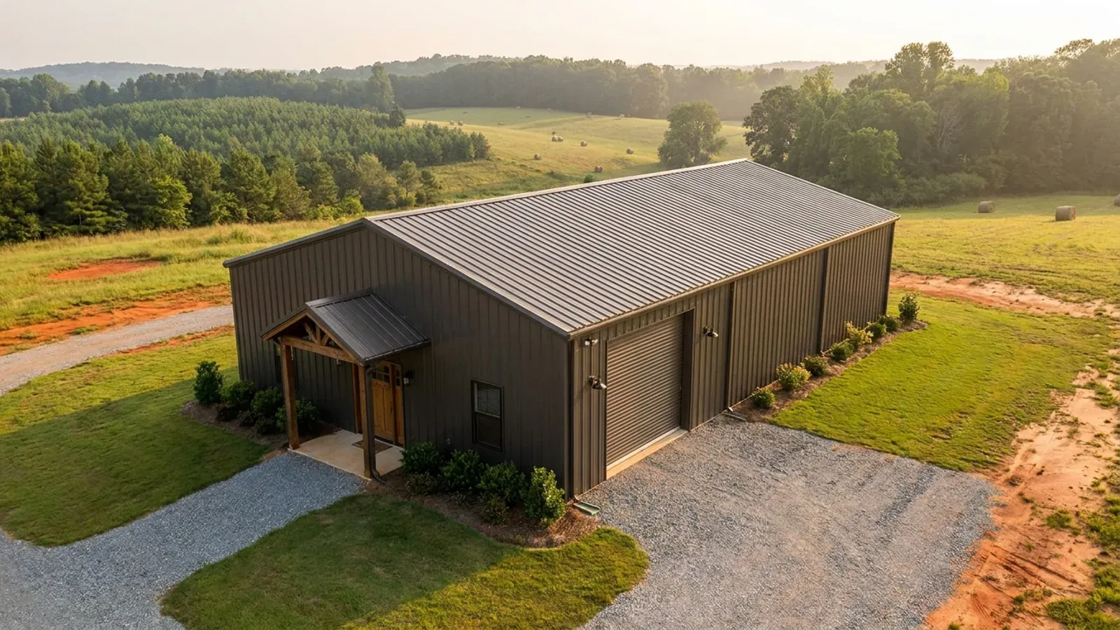 A completed 40x60 barndominium showing a residential entry on one end and a wide shop door on the other under one continuous roof.