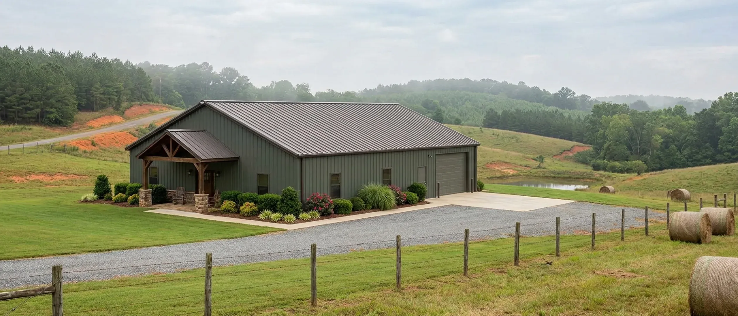 A completed barndominium with a covered entry porch and an attached shop bay, photographed in flat overcast daylight.