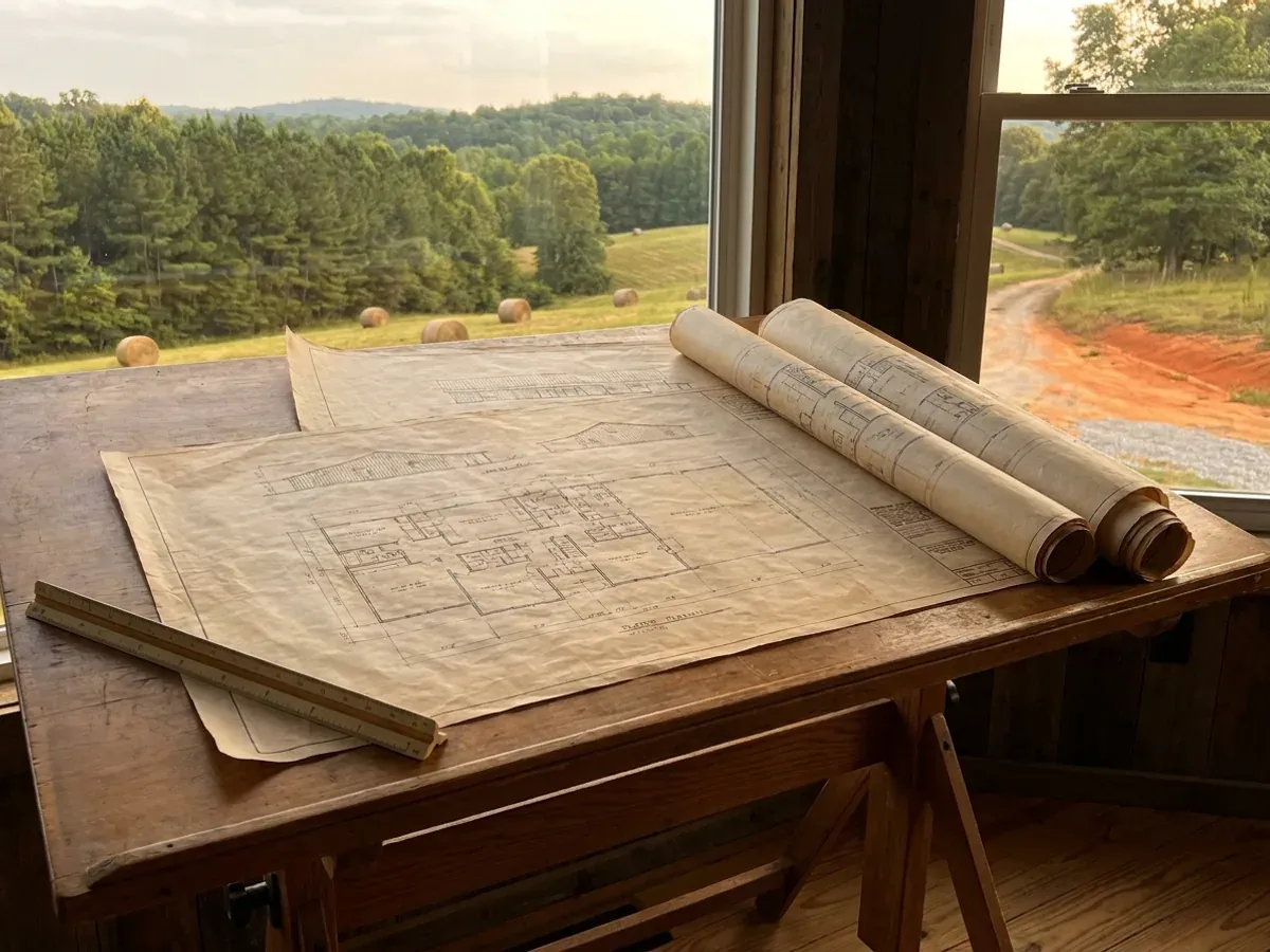 Barndominium floor plan and elevation drawings laid out on a drafting table with a scale rule.