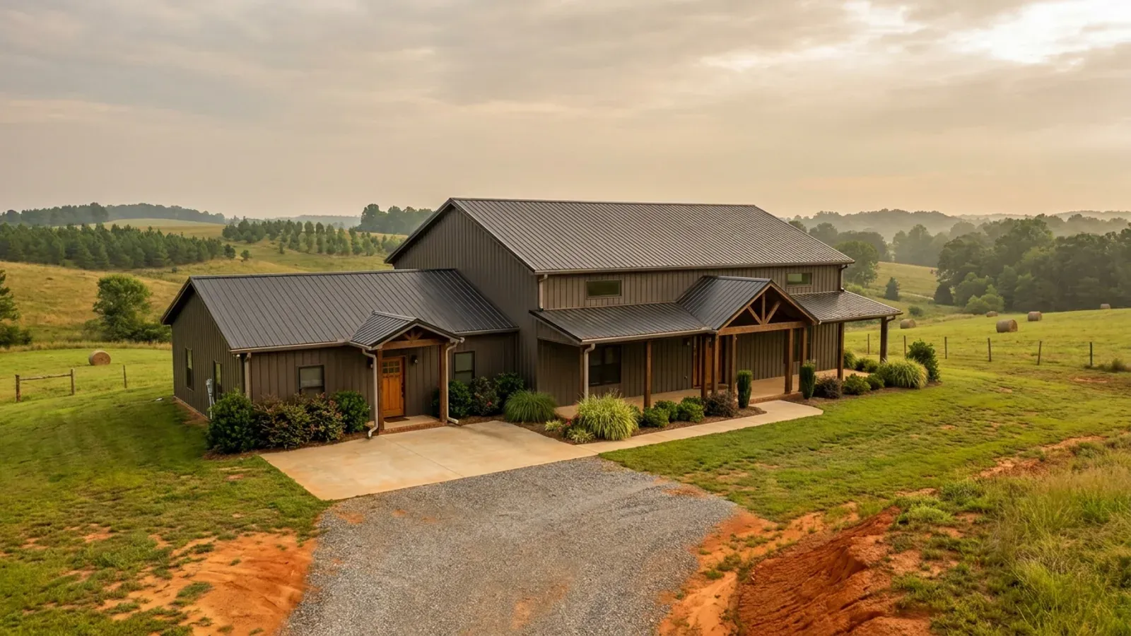 A barndominium with a smaller attached in-law suite wing that has its own separate covered entry, distinct from the main entry.