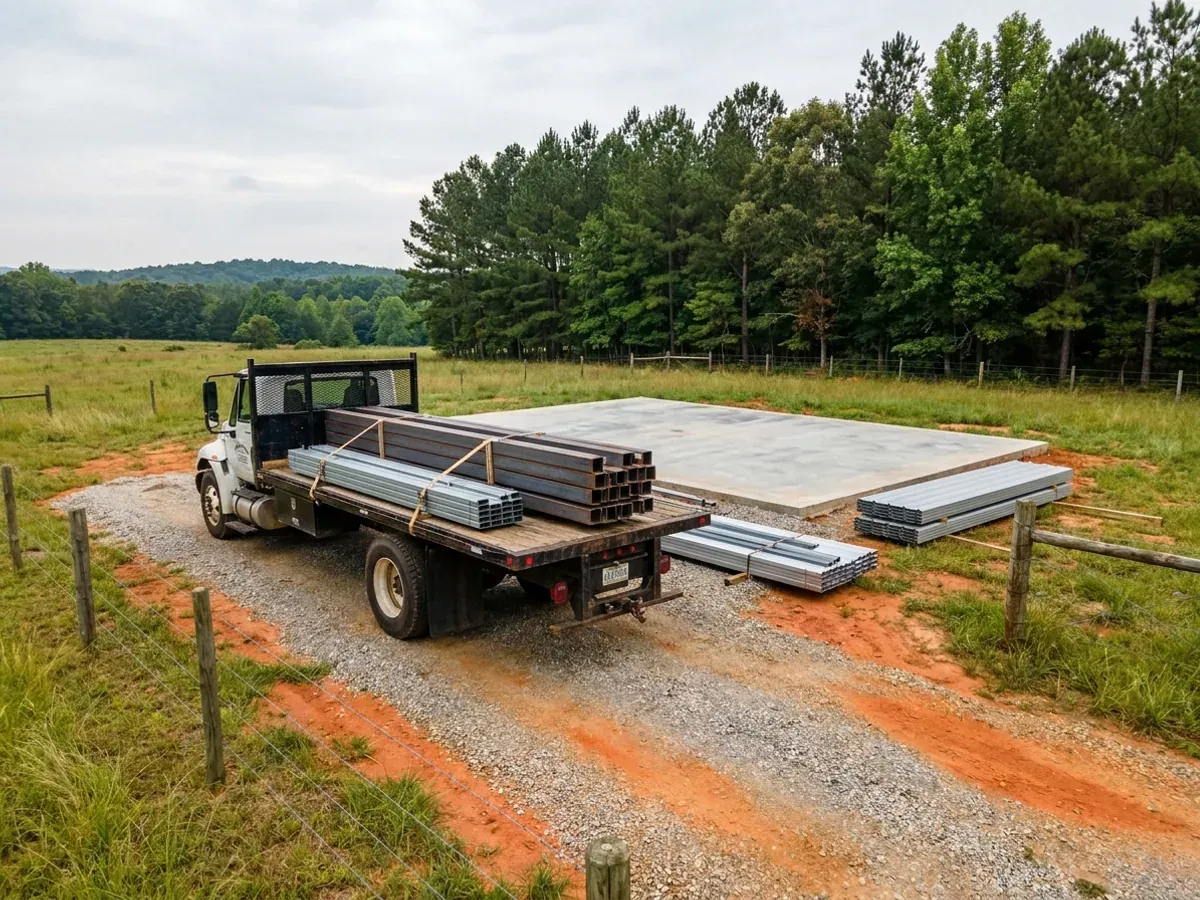 A flatbed truck delivering banded steel frame members and stacked metal roof panels to a building site beside a finished concrete slab.