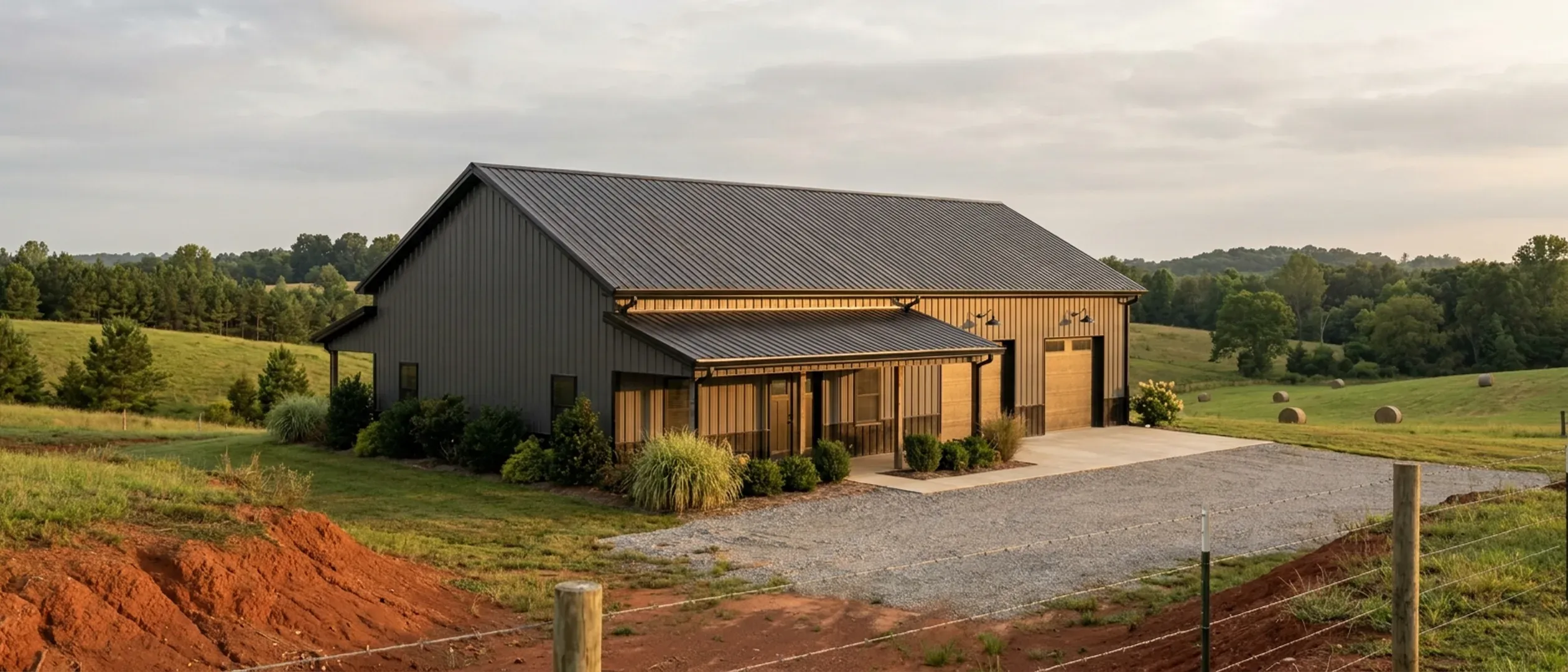 A completed barndominium viewed from a low angle showing its standing seam metal roof, vertical wall panels, gutters and exterior wall lights.