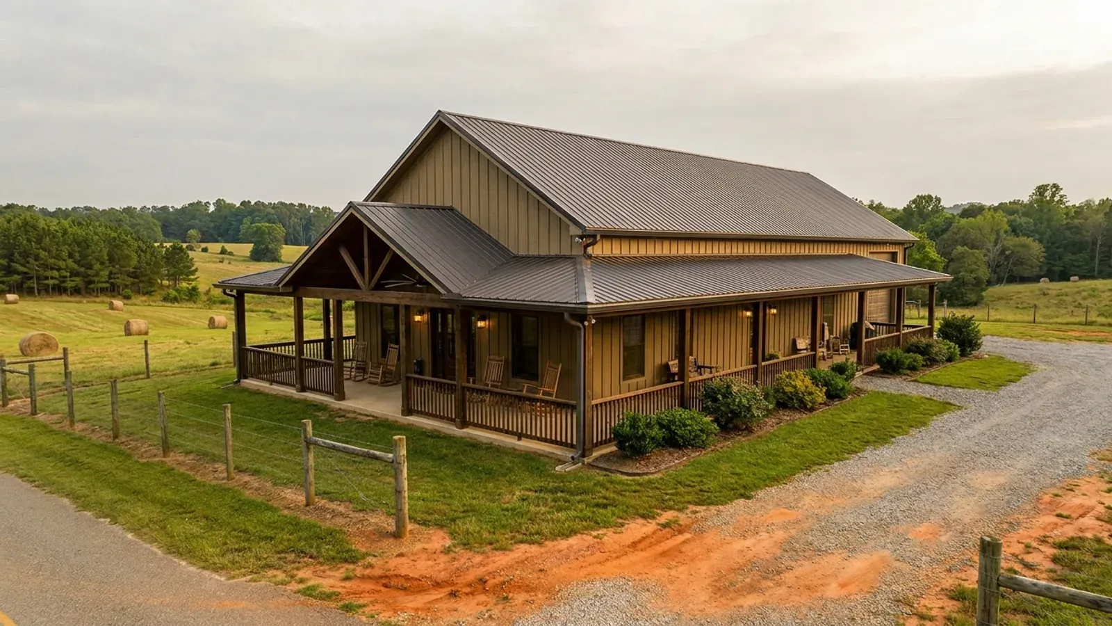 A barndominium exterior showing a deep wrap-around covered porch with posts and railing along two sides of the building.