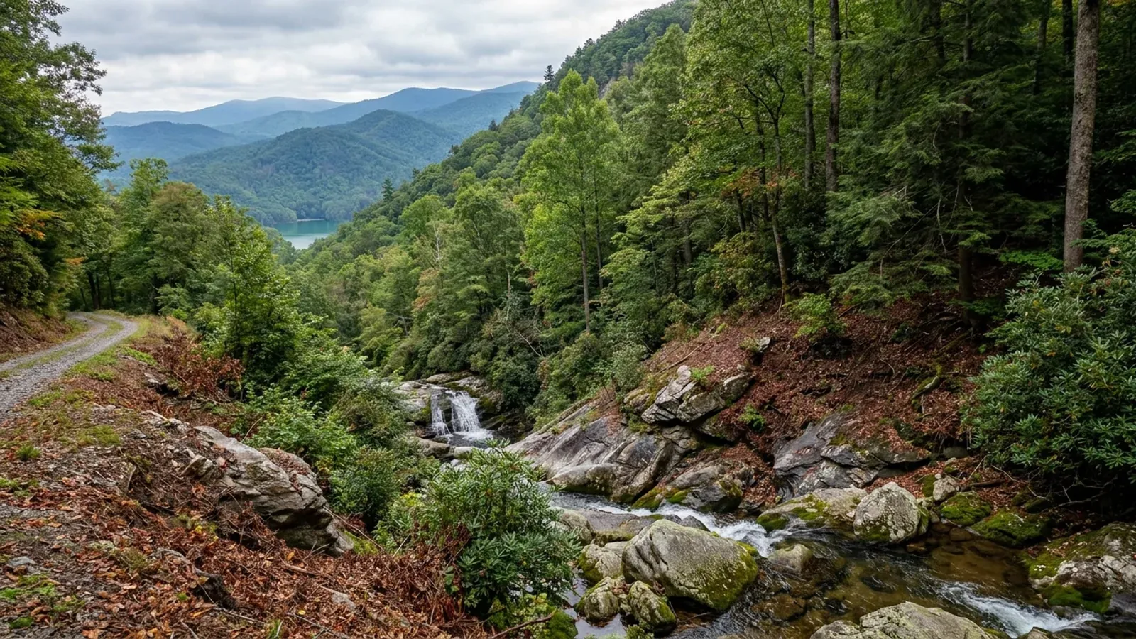 A steep wooded Blue Ridge slope with a boulder creek and small waterfall, rhododendron thickets, a granite outcrop, and hazy ridgelines above a lake far below.