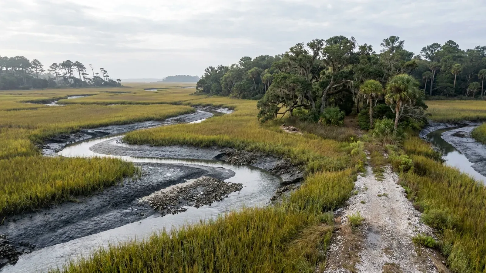A South Carolina salt marsh at low tide with a winding tidal creek and exposed pluff mud banks, backed by live oaks hung with Spanish moss and cabbage palmetto.