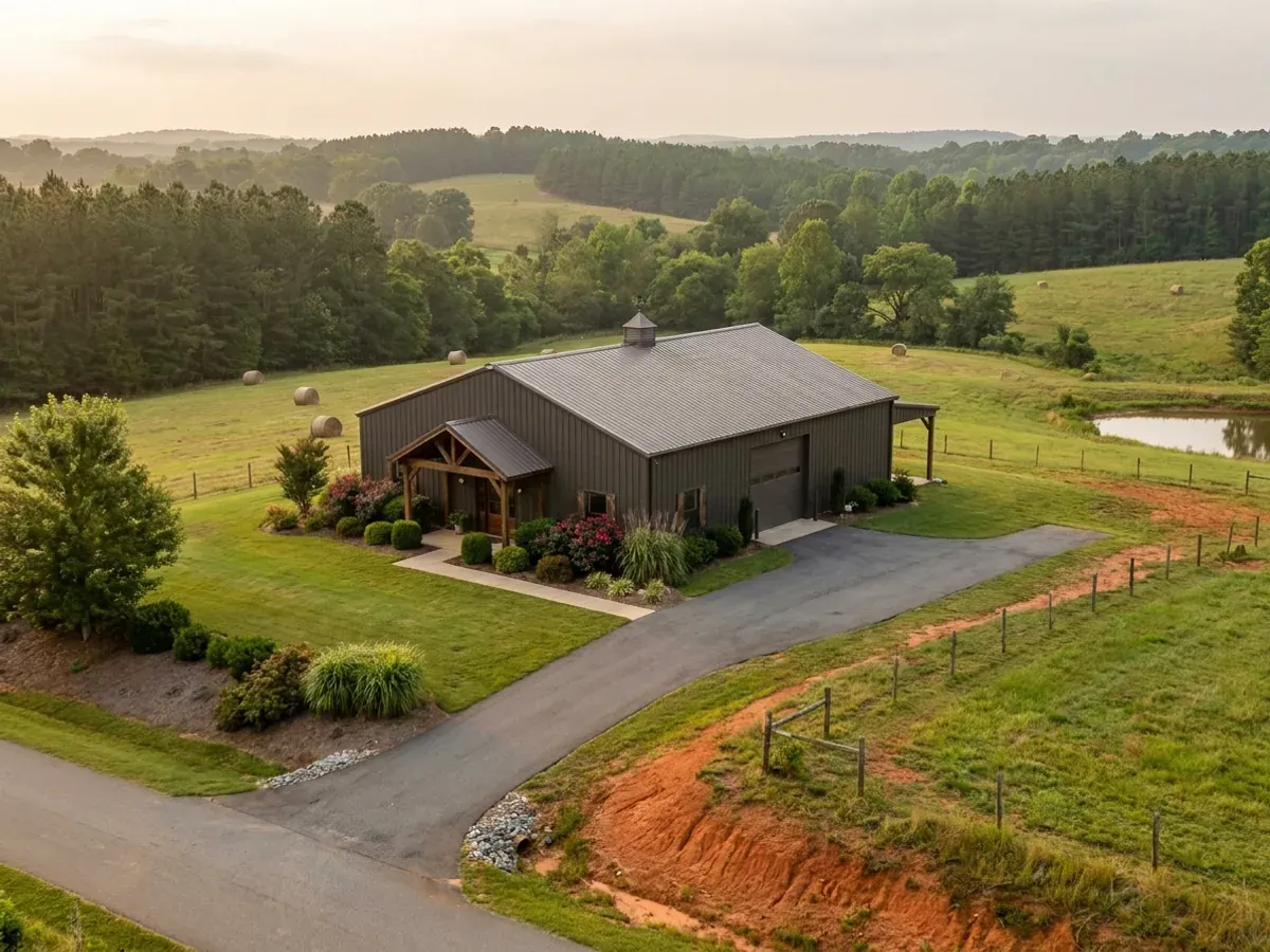 A completed barndominium home viewed from the front corner, with finished landscaping, a covered entry porch and an attached shop bay.