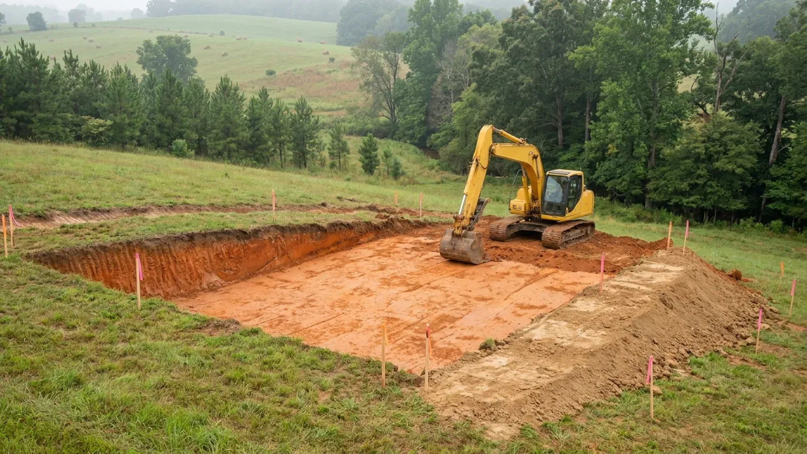 An excavator grading a compacted building pad on a cleared lot, with orange clay in the cut face, survey stakes and a drainage swale.