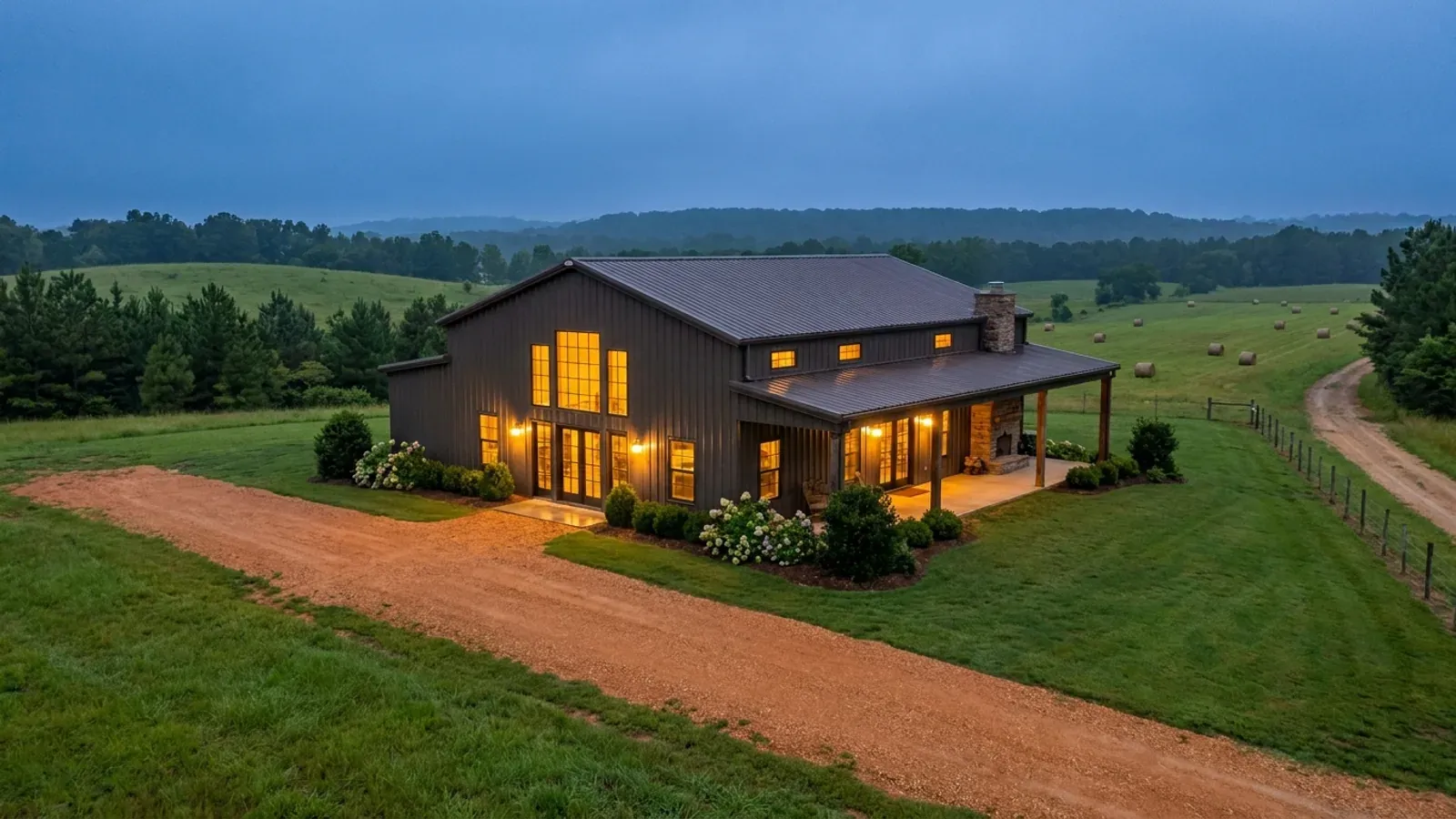 A finished barndominium at dusk with warm interior lighting glowing through its large windows.