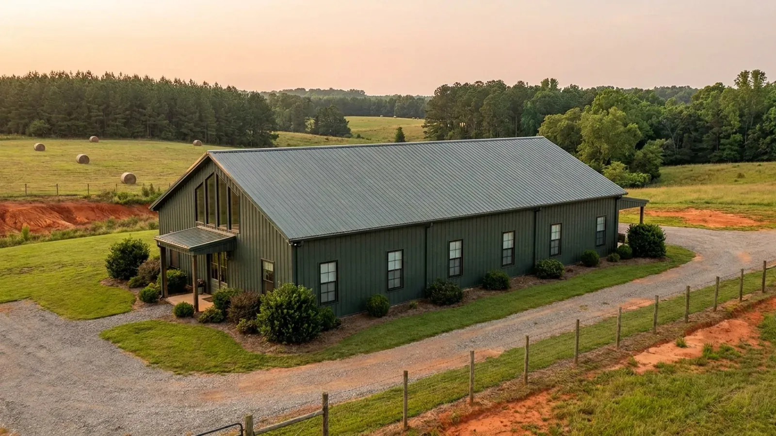 A long barndominium seen down its side elevation, with an evenly spaced run of four identical bedroom windows and a larger gable at the near end.