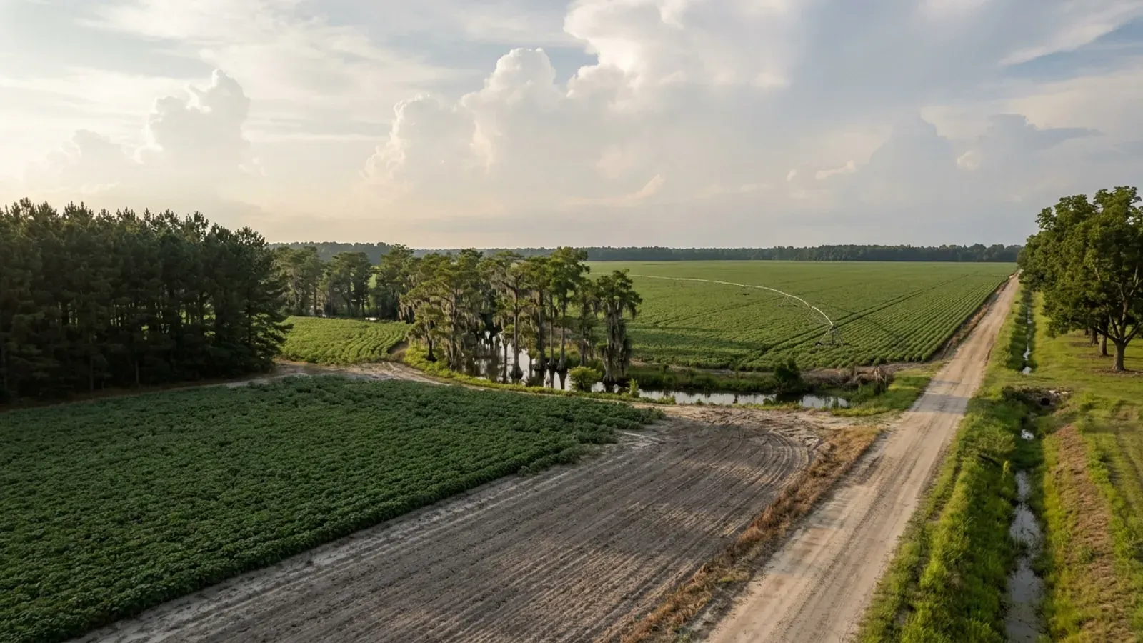 A very large flat South Carolina row-crop field with centre-pivot irrigation tracks, a sharp-edged pine plantation block, a cypress swamp along the creek and a straight dirt road.