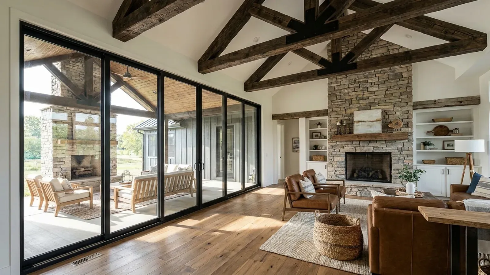 A vaulted barndominium great room with exposed wood trusses, a wall of glazed sliding doors, and a stone-clad fireplace.