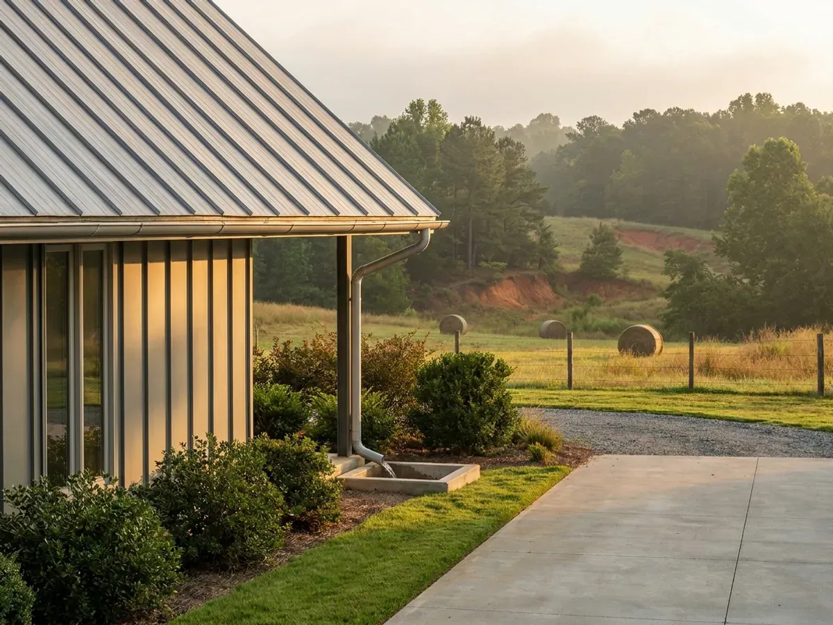 Exterior detail of a metal-clad home showing standing seam roofing, vertical wall panels, and a downspout discharging away from the wall.