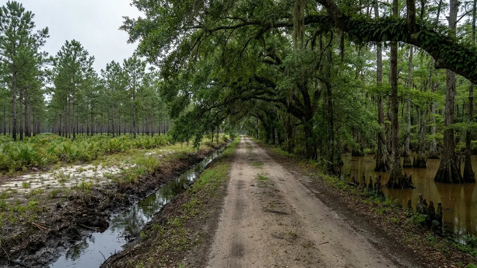 Flat South Carolina pine flatwoods with a loblolly plantation in straight rows, a blackwater cypress swamp margin, a water-filled roadside ditch and a shallow Carolina bay depression.