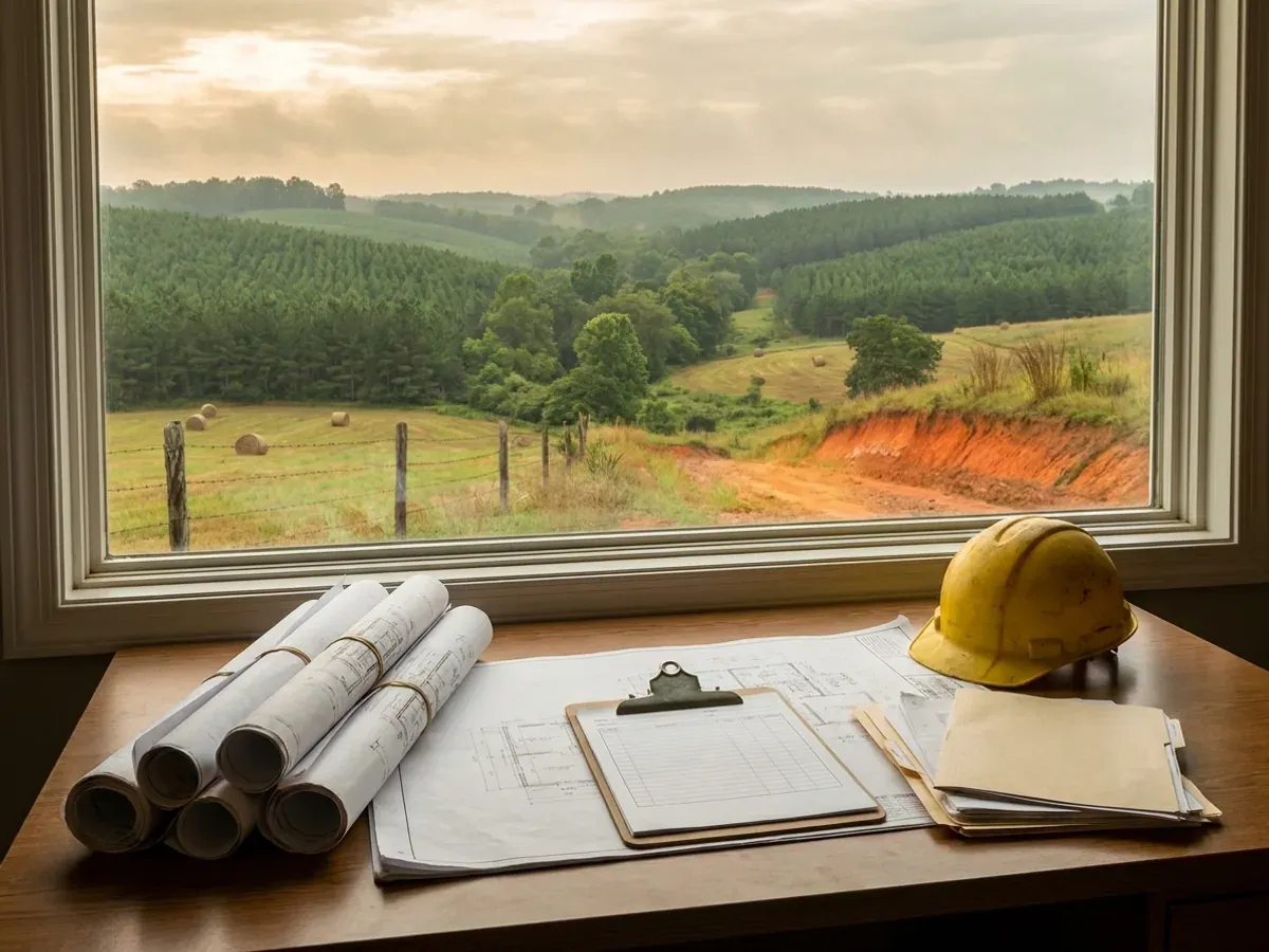 A building permit submittal package on a desk with rolled construction drawings, forms on a clipboard, and a hard hat.