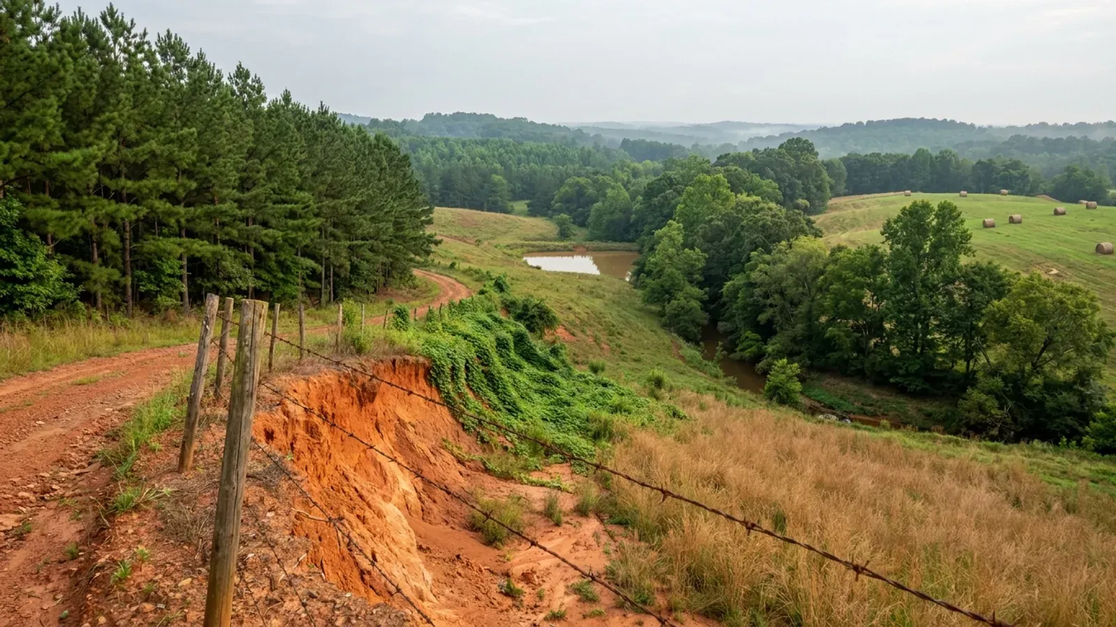 Rolling South Carolina Upstate pasture with a red dirt track cut through orange clay, planted pine rows on one edge, hardwood along a creek bottom, and round hay bales in the field.