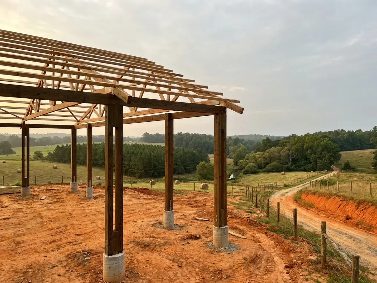 A post-frame home under construction, showing laminated timber columns on concrete piers and wide-span roof trusses with no interior bearing walls.