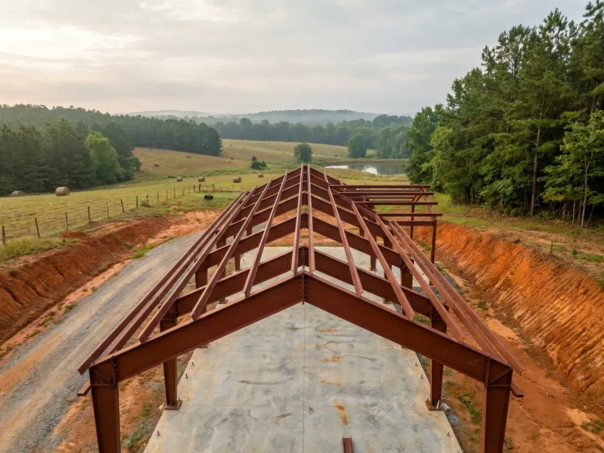 A red oxide primed structural steel frame partly erected on a concrete slab, showing bolted knee joints and anchor bolts.