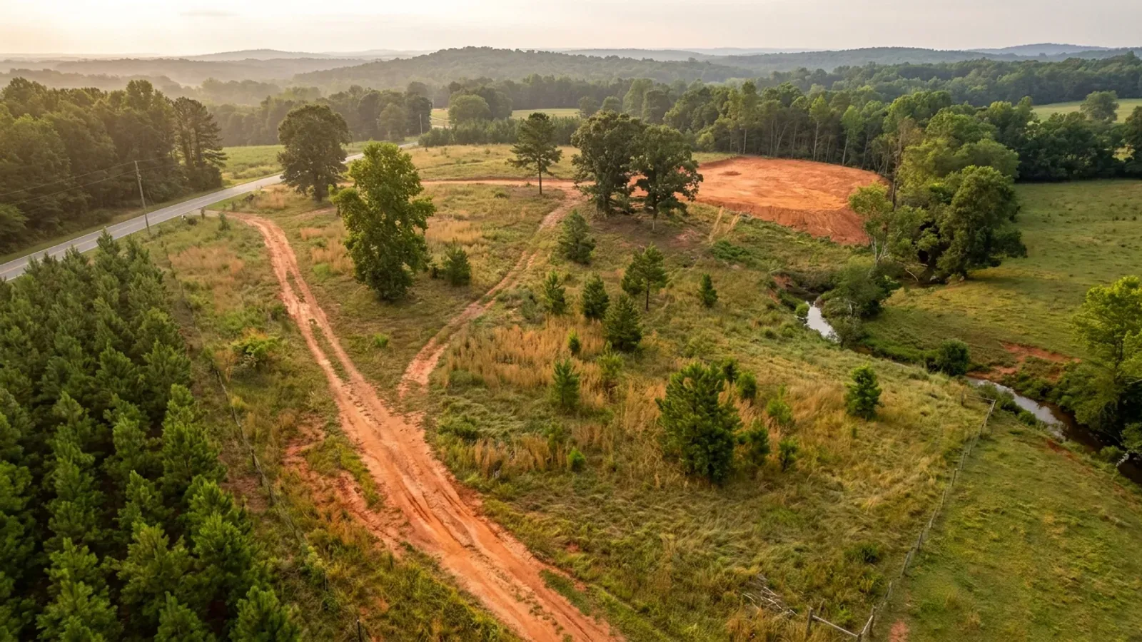 Aerial view of an undeveloped rural lot with cleared rough grass, planted pine along one boundary, and a red dirt access track cut through orange clay.