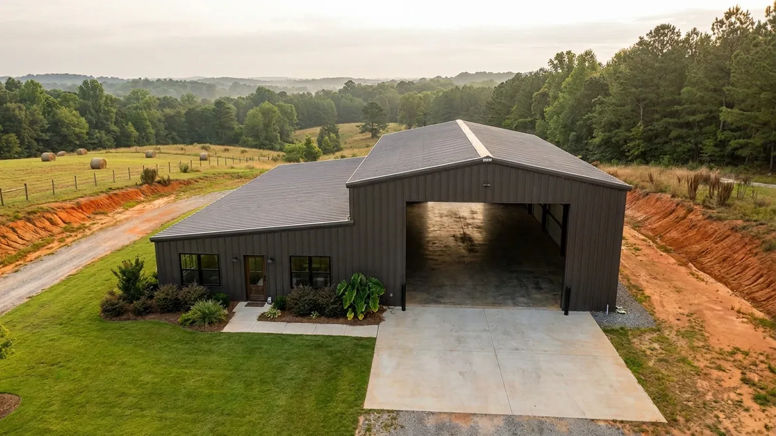 A barndominium with a tall, deep RV garage bay attached to the residence under one continuous roof.