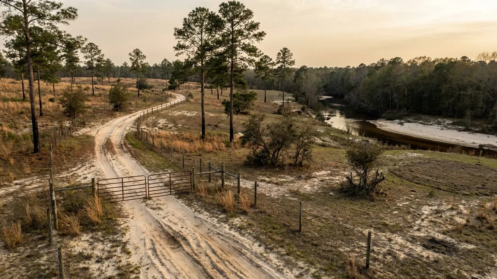 Open longleaf pine woodland on deep white sand, with wiregrass and turkey oak understorey, fire-blackened trunk bases and a sandy two-track road.