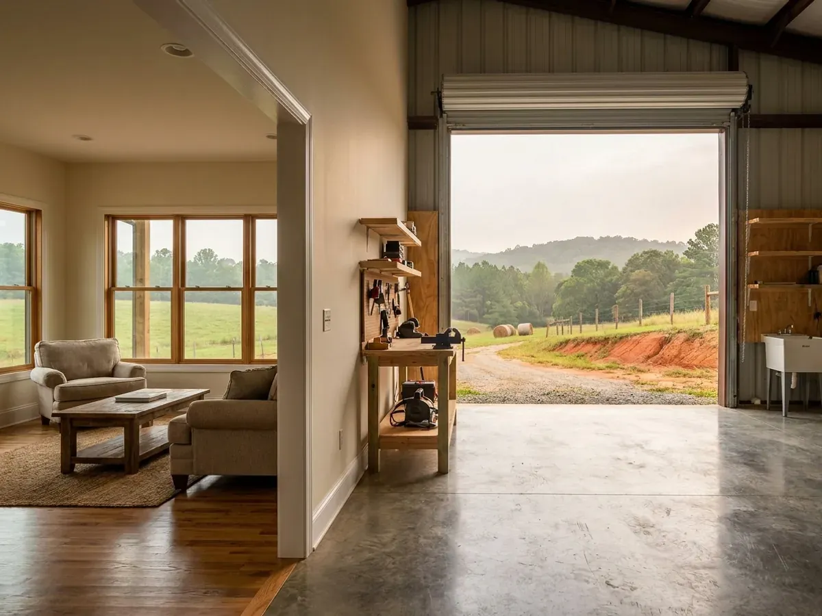 The interior of a shouse where a finished living area with warm flooring meets a shop bay with polished concrete and a tall roll-up door.