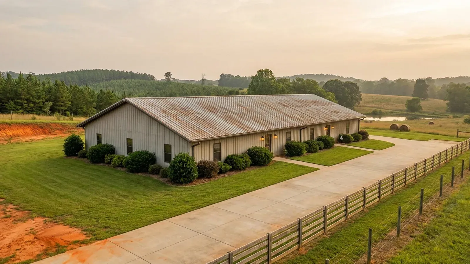 A completed single-story barndominium with a long, low roofline and no upper-level windows.