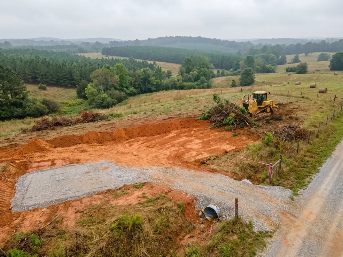 A dozer clearing brush on a rural parcel beside a compacted crushed-stone building pad, with orange clay exposed in the cut and a culvert set at the driveway entrance.