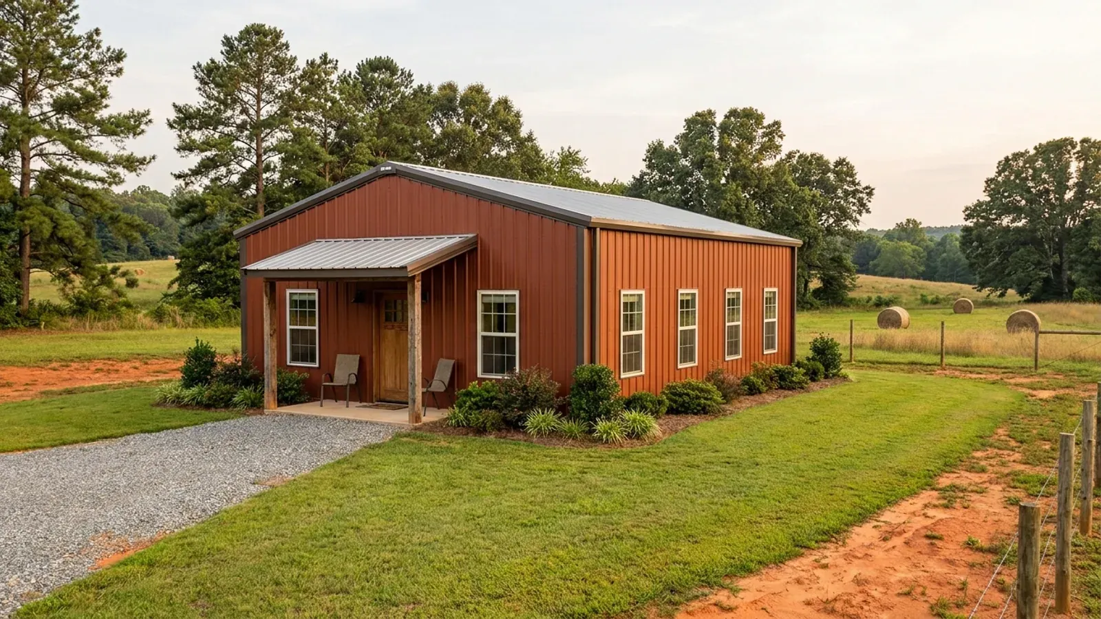 A compact barndominium sized like a starter home or cabin, with a single covered entry porch and no large shop bay.