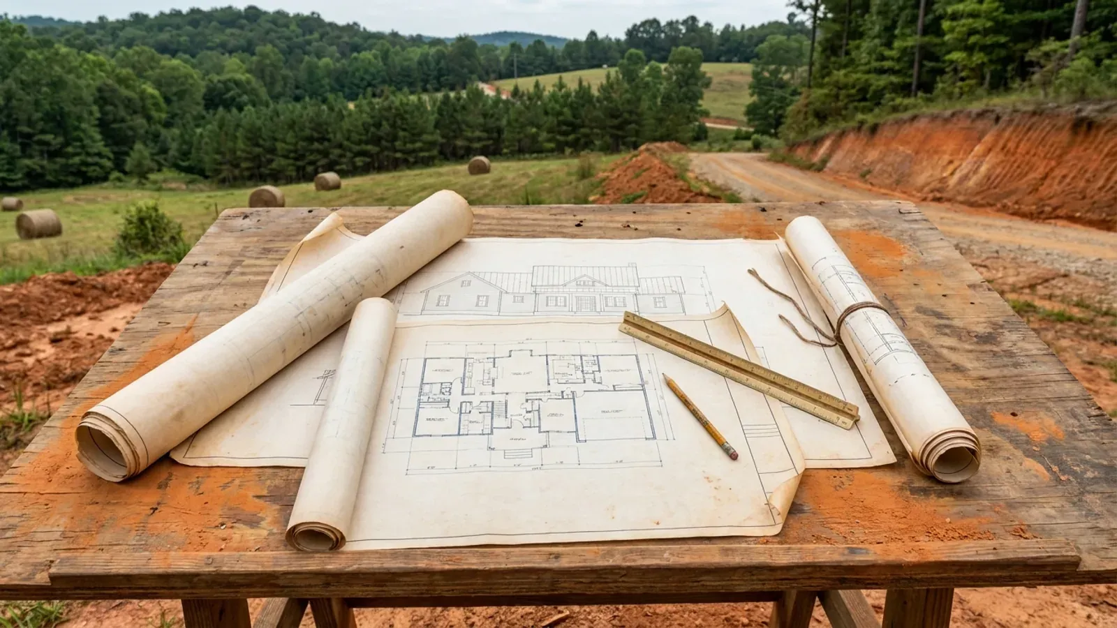 Overhead view of architectural floor plan and structural elevation drawings spread on a workbench with a scale ruler and pencil.