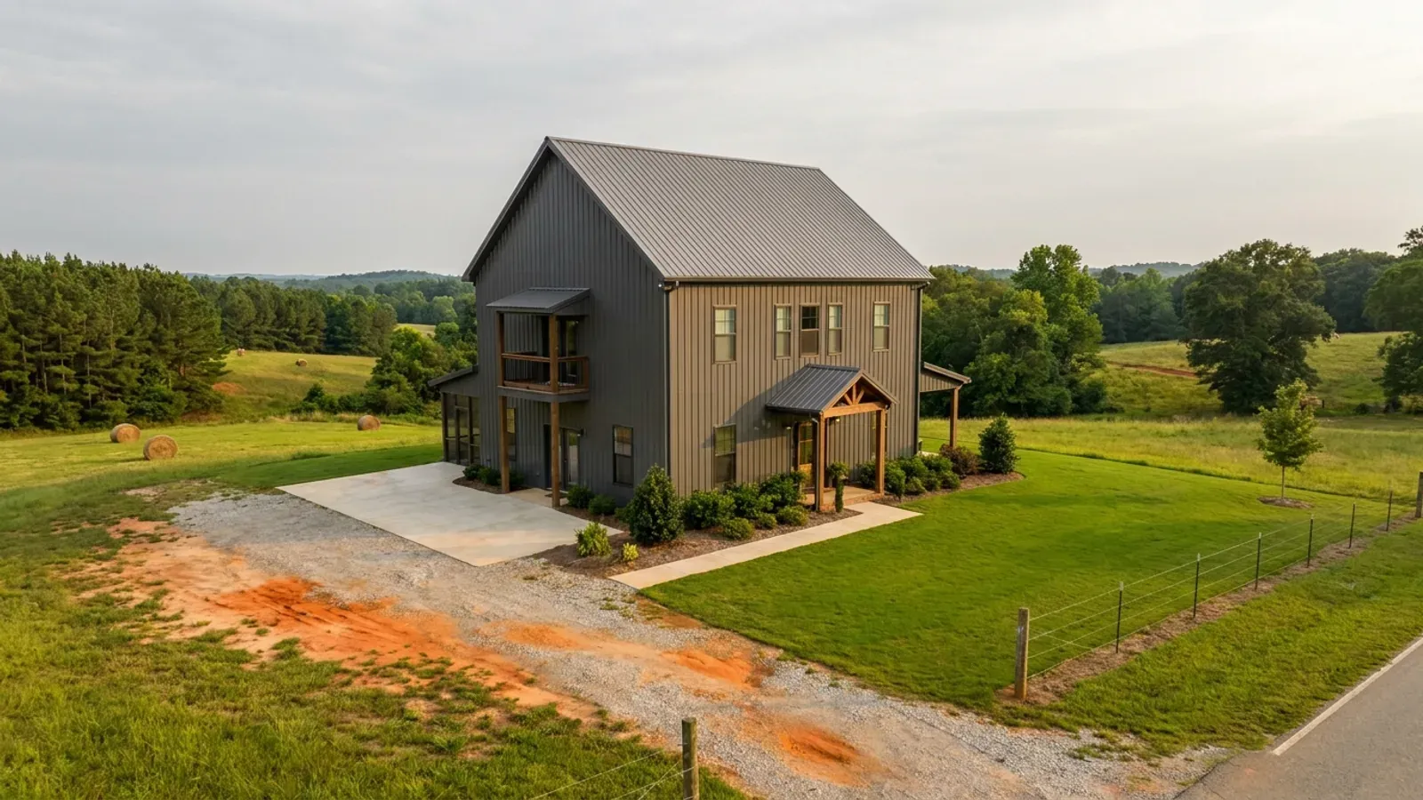 A completed two-story barndominium with visible second-story windows and a small covered balcony above the entry porch.